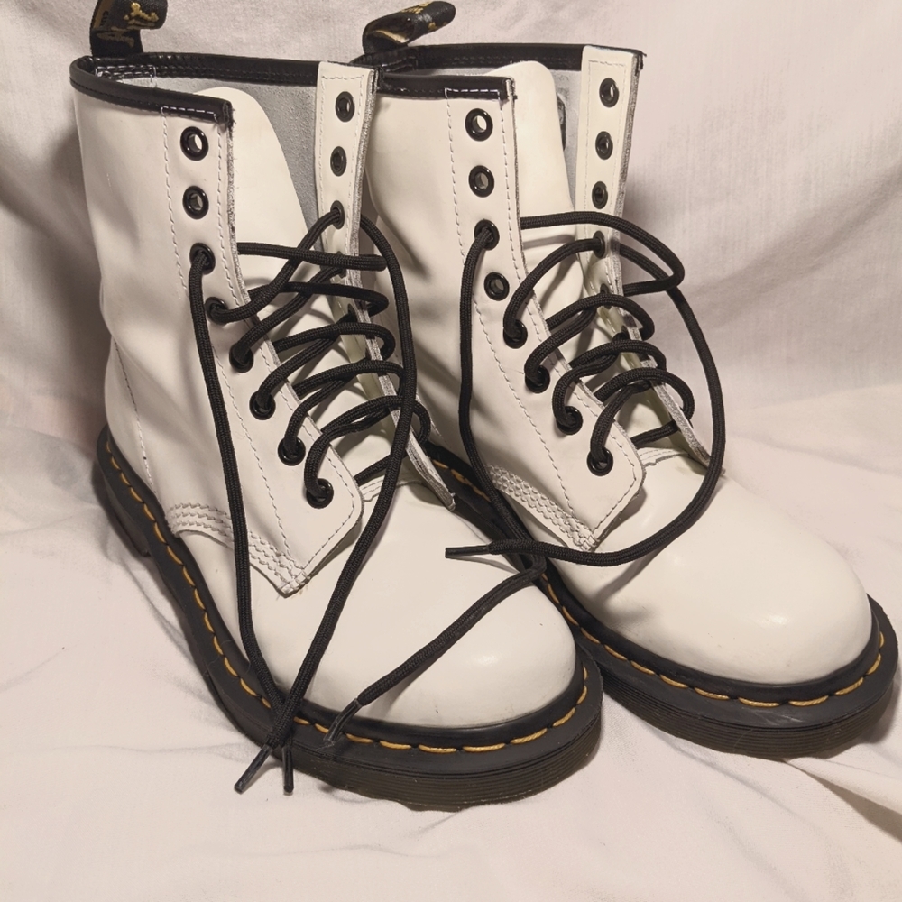White Doc Martens pleather, US 7,  UK 5 Punk, Emo, Rock, ,Glam, Goth, Hot Topic